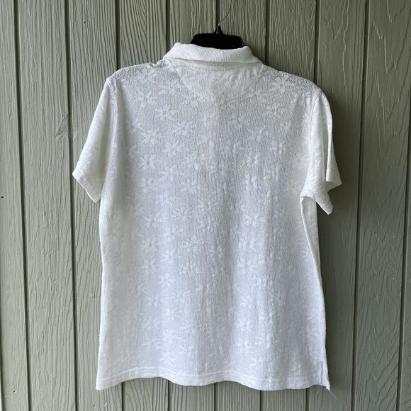VTG 80s 90s Natural Issue White Daisy Jacquard Polo Shirt Semi Sheer L - Picture 4 of 7